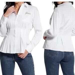 Guess Sz M White Corset Waist Sculpted Button-down Shirt Fitted Feminine Poplin